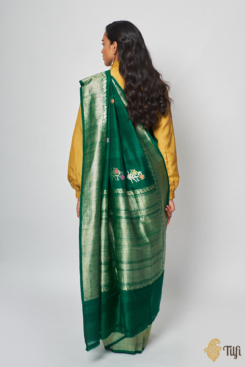 Deep Green Pure Tussar Georgette Silk Banarasi Handloom Saree