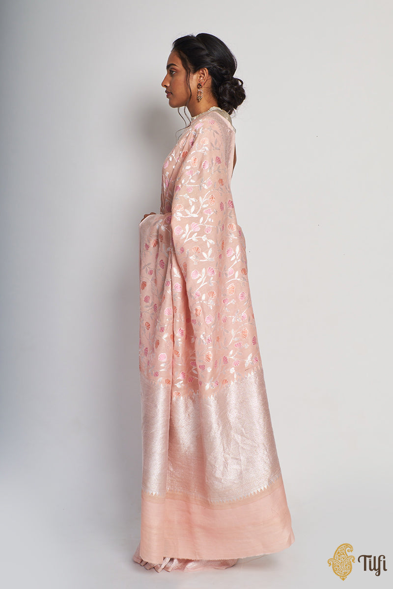 Pre-Order: Powder Pink Pure Tussar Georgette Silk Banarasi Handloom Saree