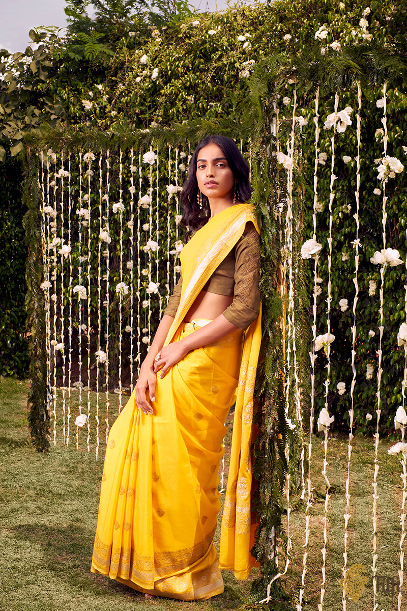 Dandelion Yellow Pure Georgette Banarasi Handloom Saree