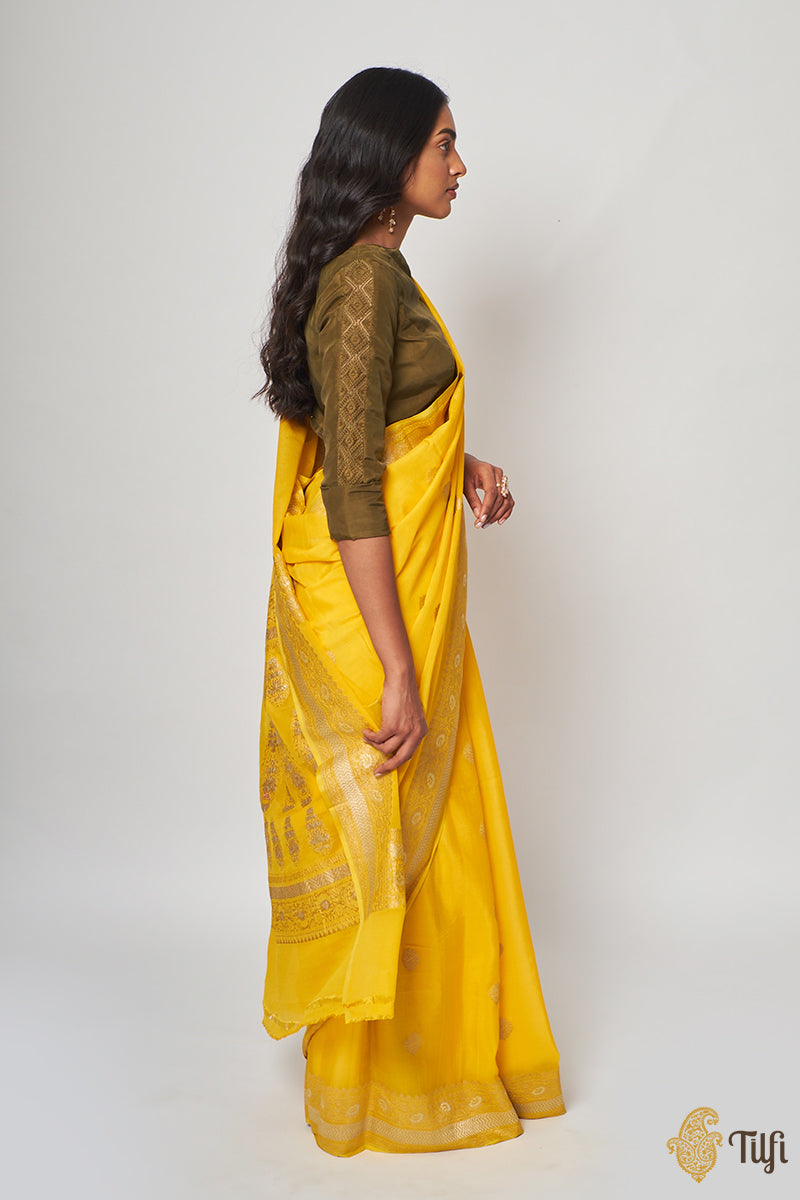 Dandelion Yellow Pure Georgette Banarasi Handloom Saree