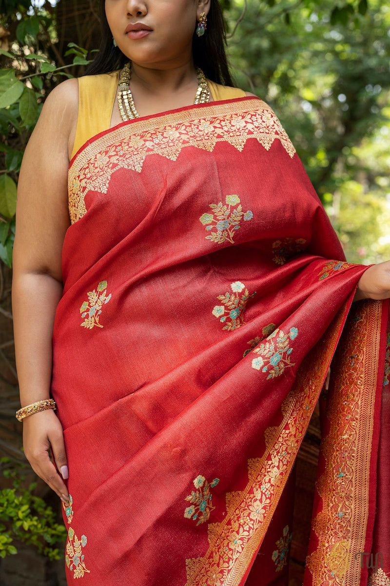 Deep Red Pure Tussar Georgette Silk Banarasi Handloom Saree