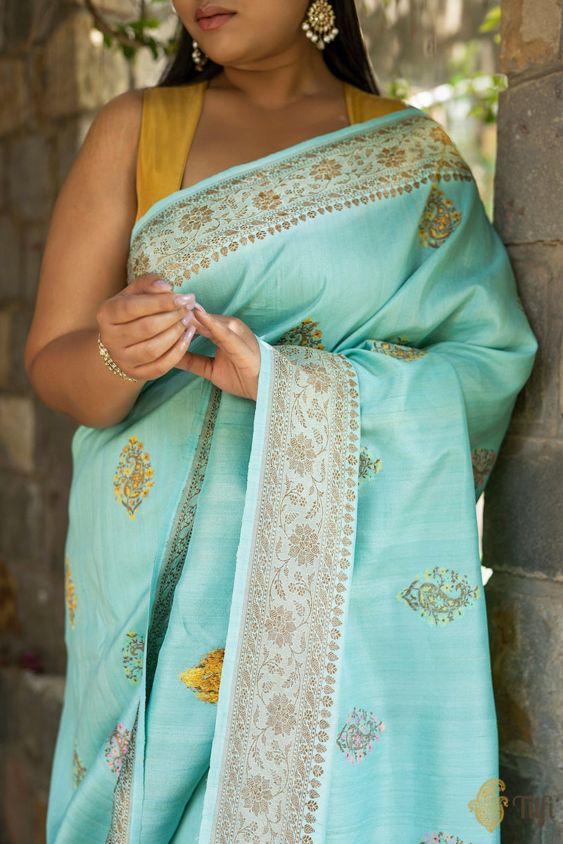 Pre-Order: Light Blue Pure Tussar Georgette Silk Banarasi Handloom Saree