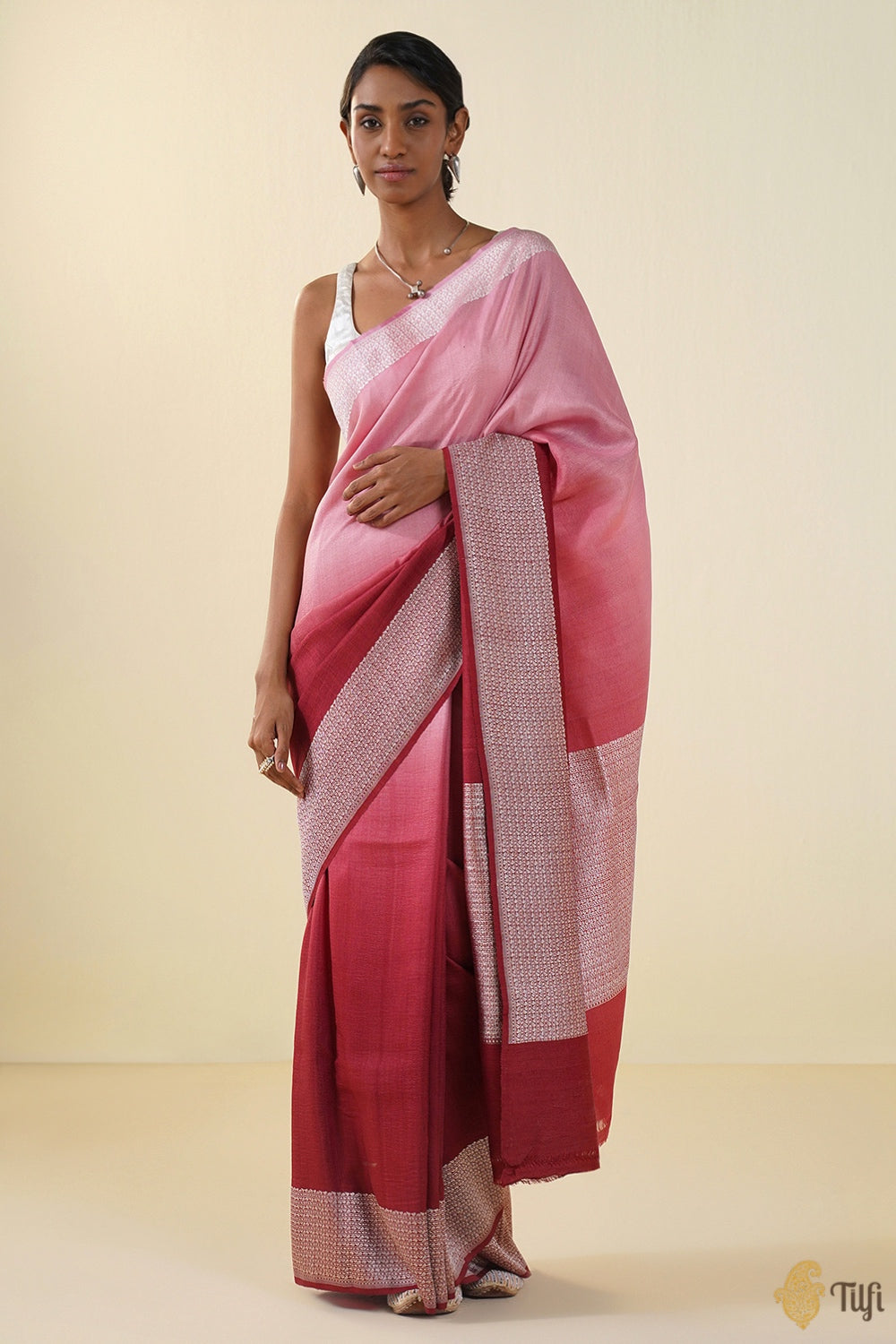 Light Pink-Maroon Ombr√© Pure Tussar Georgette Silk Banarasi Handloom Saree