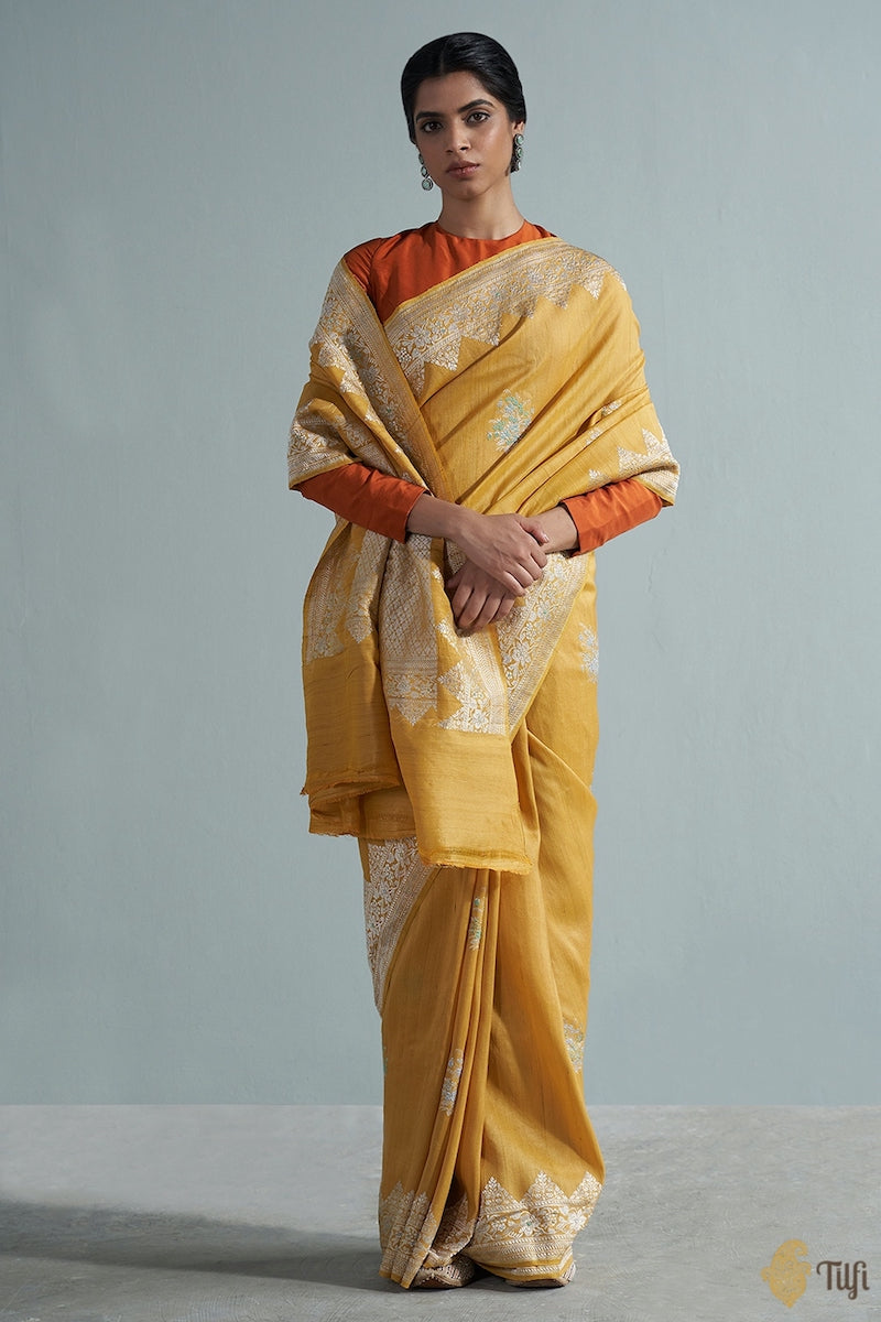 Ochre Yellow Pure Tussar Georgette Silk Banarasi Handloom Saree
