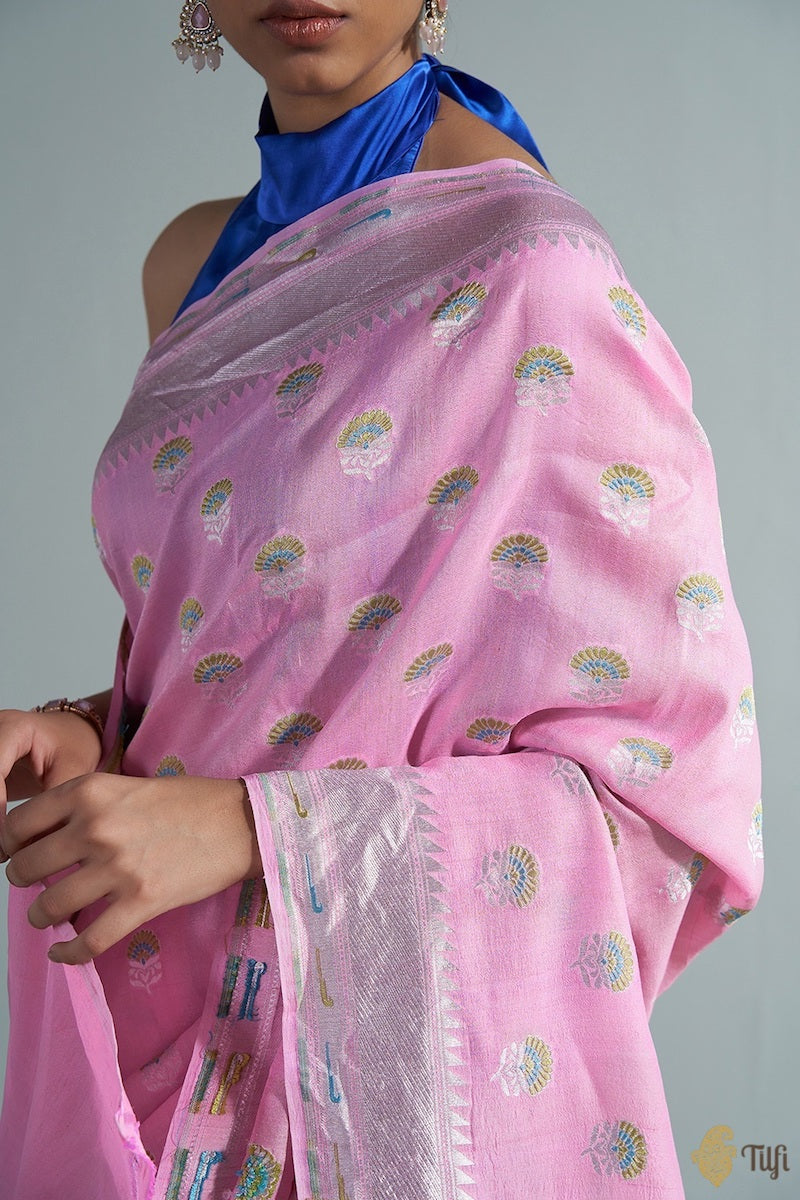 Pink Pure Tussar Georgette Silk Banarasi Handloom Saree