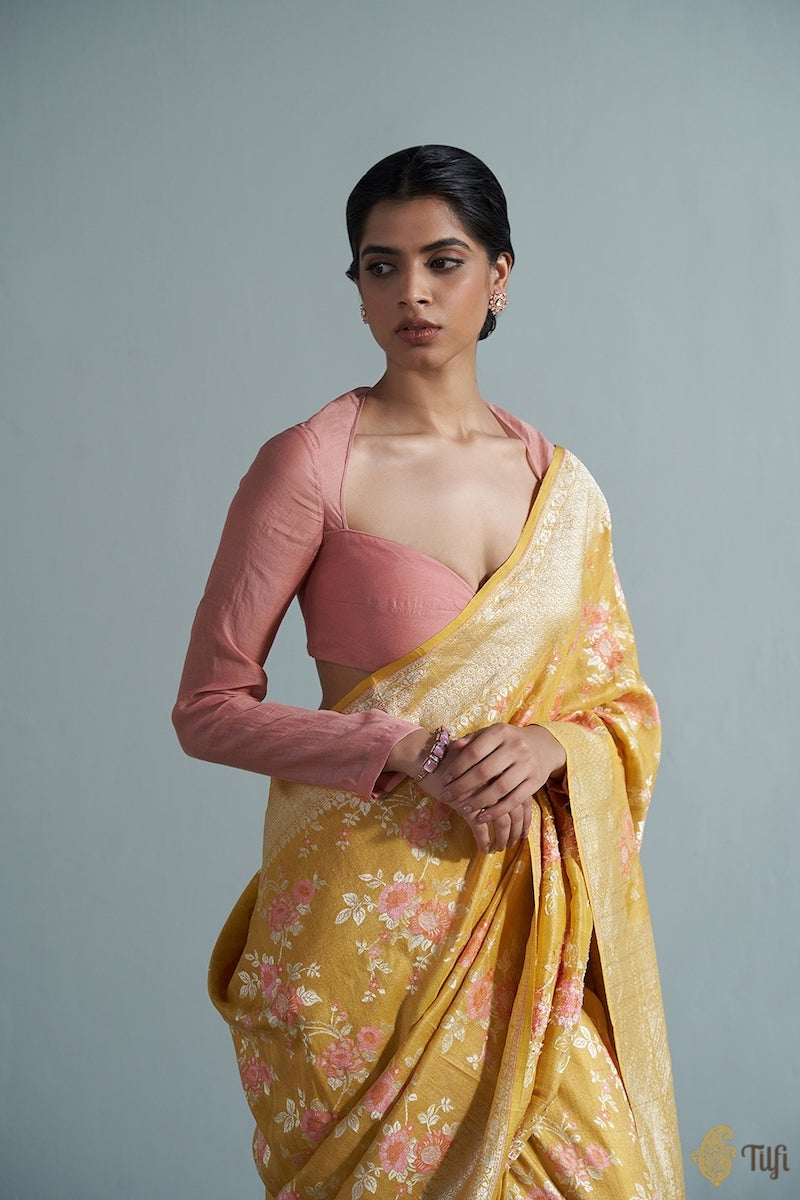 Yellow Pure Tussar Georgette Silk Banarasi Handloom Saree