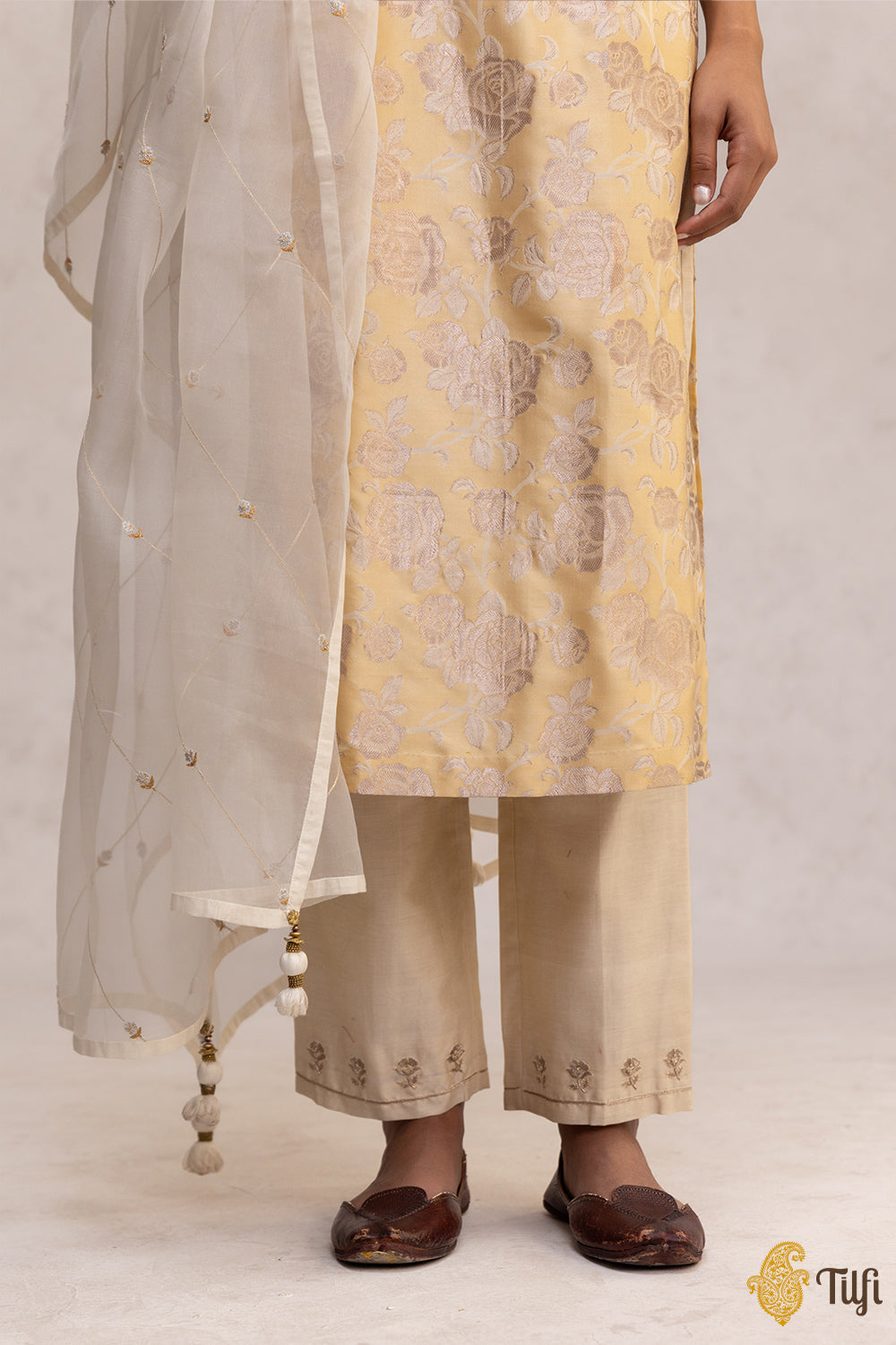Pale Yellow Pure Katan Silk Handloom Suit Set