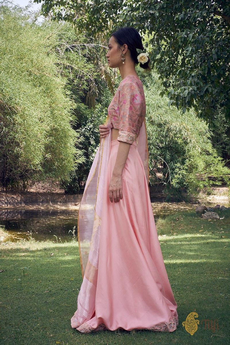 Peach-Pink Katan Silk Tissue Banarasi Blouse-Skirt Set