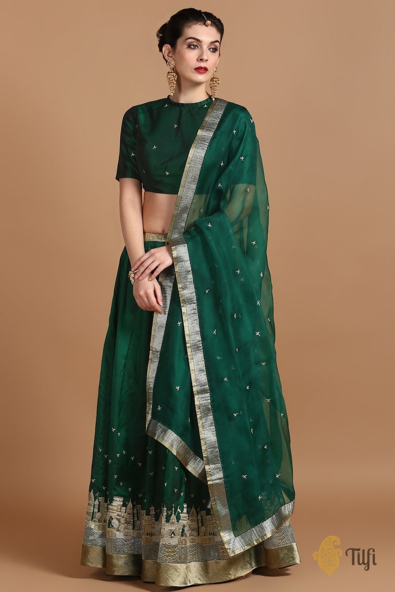 Emerald Green Pure Katan Silk Banarasi Handloom Made-to-Measure Lehenga