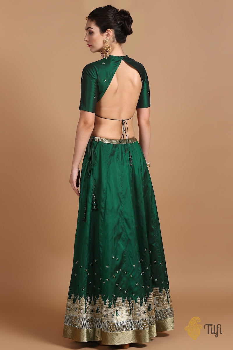 Emerald Green Pure Katan Silk Banarasi Handloom Made-to-Measure Lehenga
