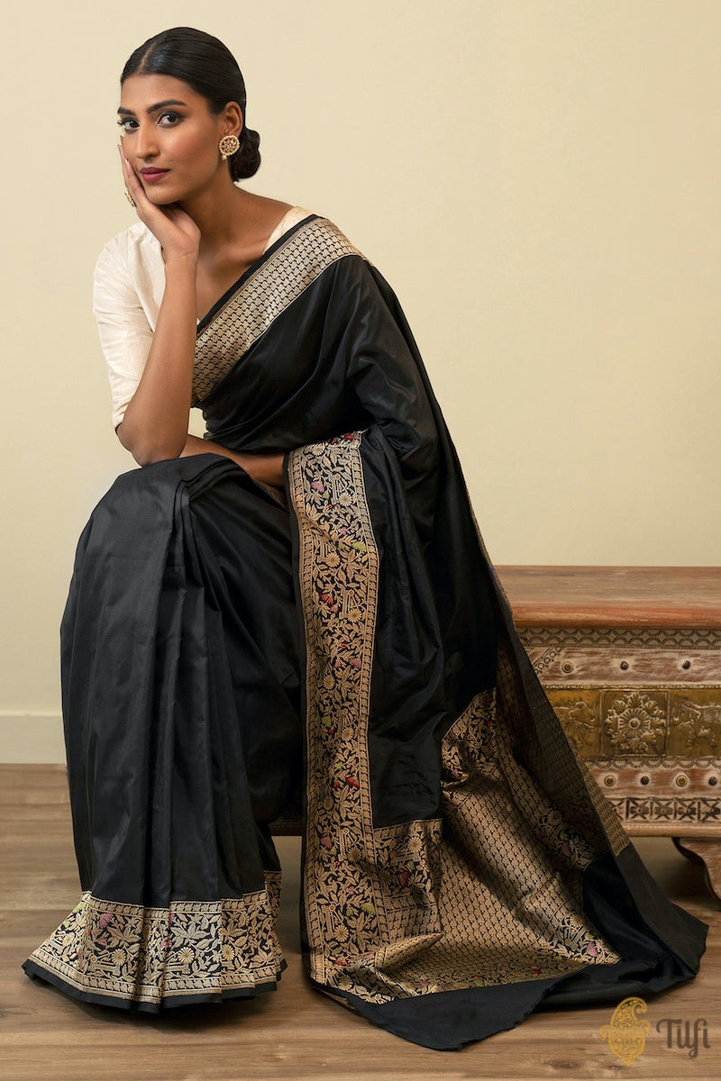 &#39;Hunar&#39; Black Pure Katan Silk Banarasi Handloom Saree