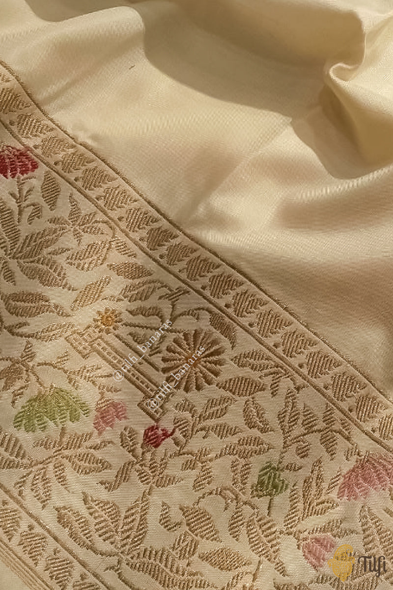 &#39;Hunar&#39; Off-White Pure Katan Silk Banarasi Handloom Saree