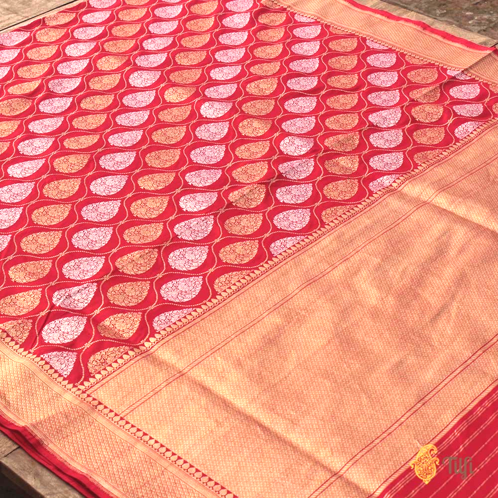 &#39;Vedika&#39; Red Pure Katan Silk Banarasi Handloom Saree