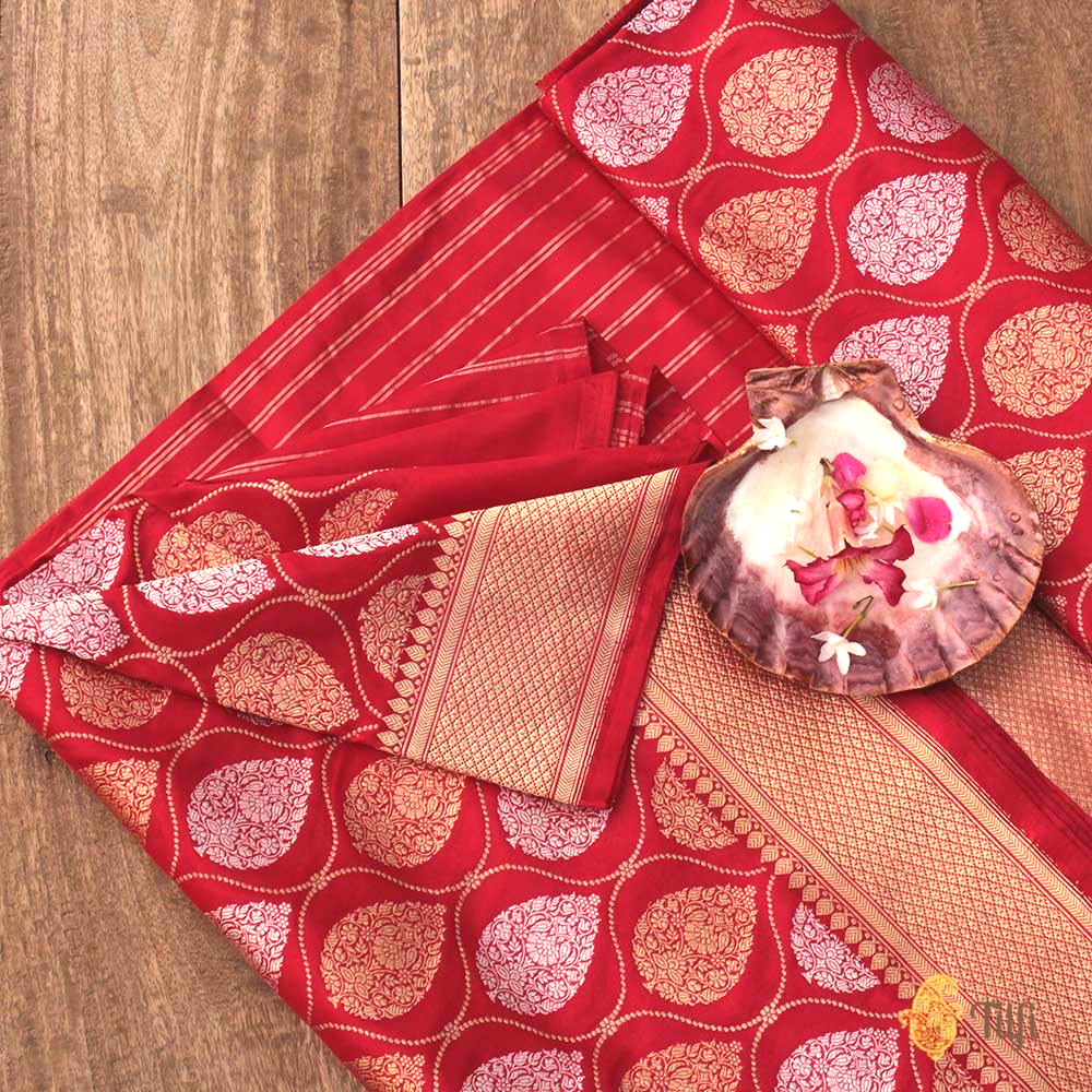 &#39;Vedika&#39; Red Pure Katan Silk Banarasi Handloom Saree