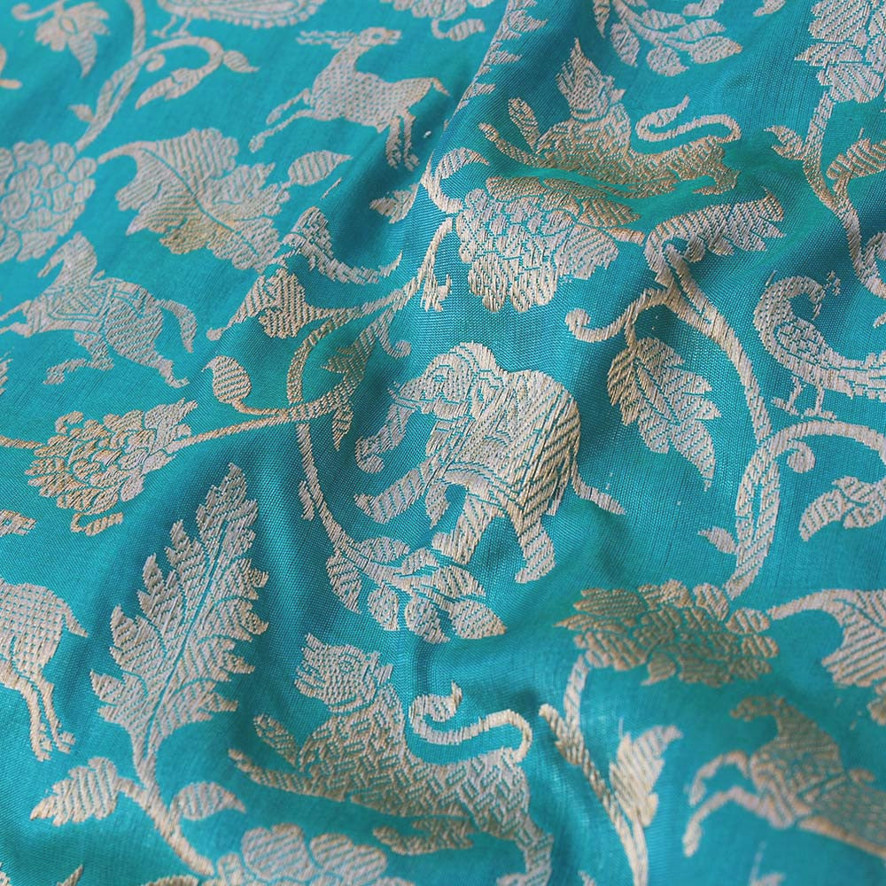 Pre-Order: Ferozi Blue Pure Katan Silk Banarasi Shikaargah Handloom Saree