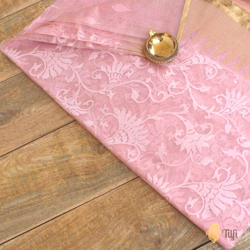 Baby Pink Pure Kora Silk Net Banarasi Handloom Saree