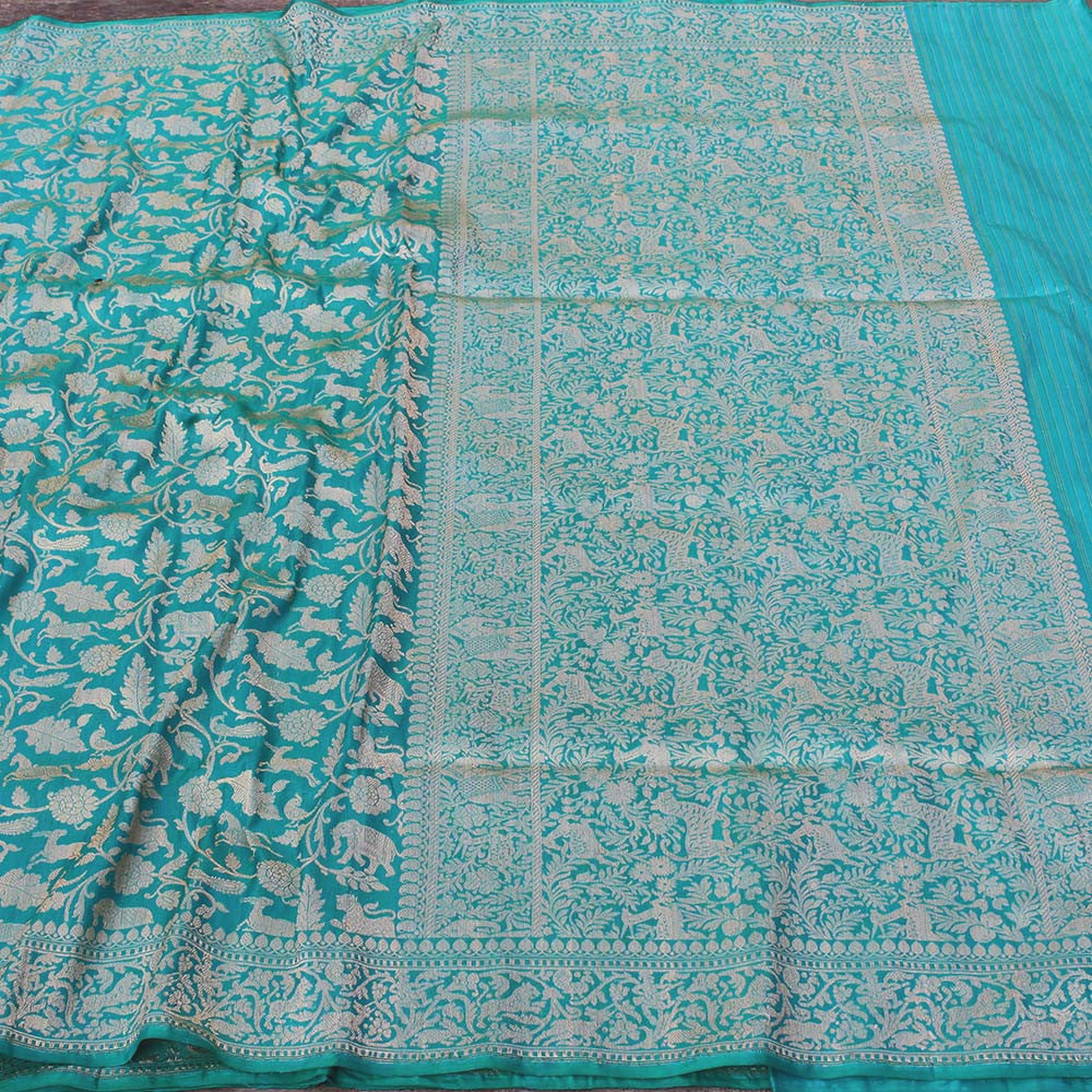 Pre-Order: Ferozi Blue Pure Katan Silk Banarasi Shikaargah Handloom Saree