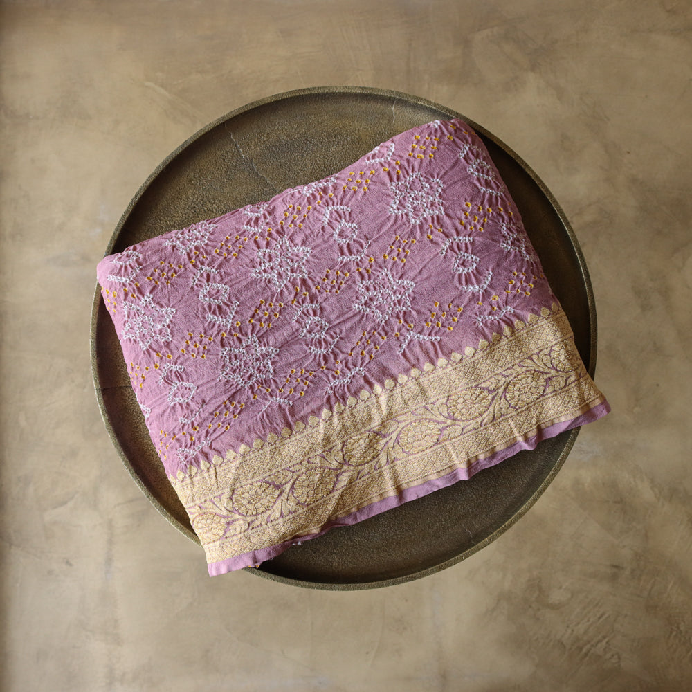 Mauve Pink Pure Georgette Banarasi Handloom Bandhani Dupatta