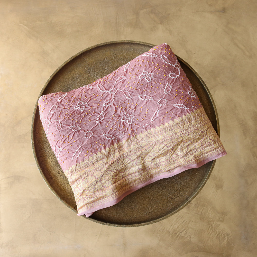Rosy Pink Pure Georgette Banarasi Handloom Bandhani Dupatta
