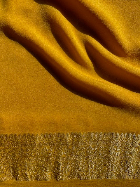 Ivory-Yellow Pure Khaddi Georgette Banarasi Handloom Saree