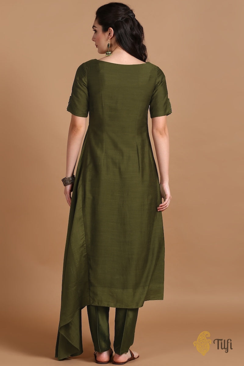 Deep Olive Raw Silk Suit Set with Light Pista Green Pure Katan Silk Handloom Dupatta