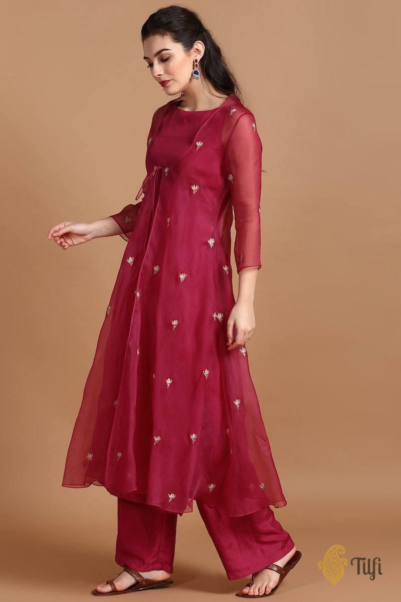 Mulberry Red Silk-Organza Suit Set with Light Beige-Pink Pure Katan Silk Handloom Dupatta