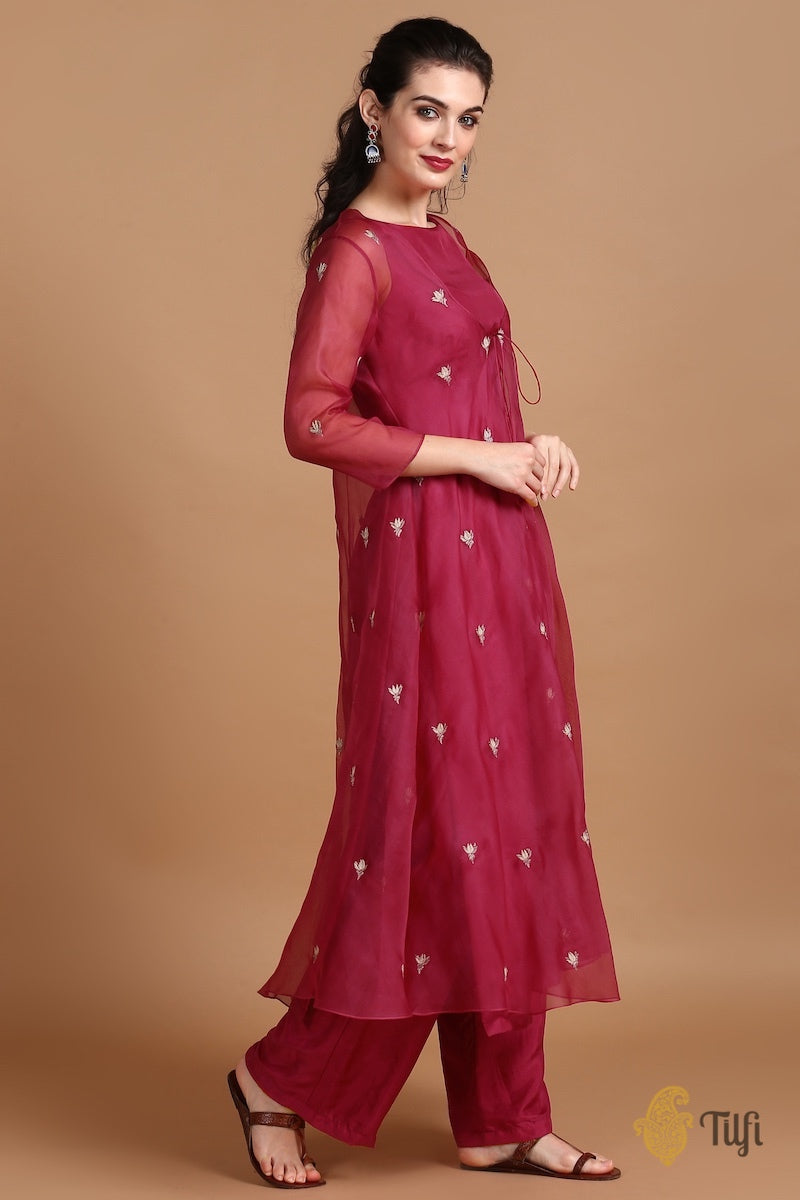 Mulberry Red Silk-Organza Suit Set
