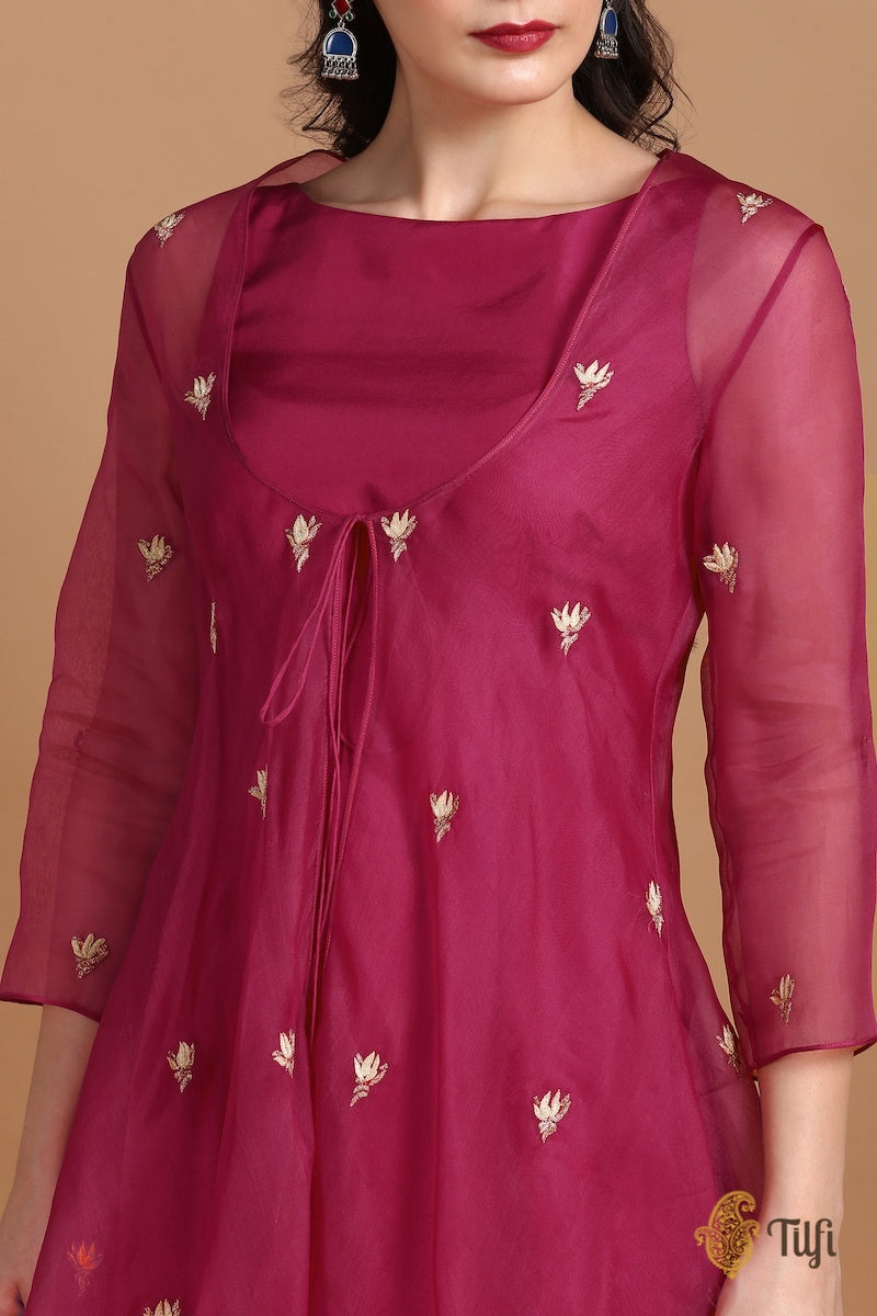 Mulberry Red Silk-Organza Suit Set with Light Beige-Pink Pure Katan Silk Handloom Dupatta