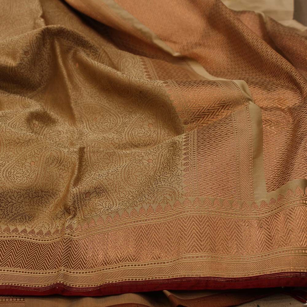 Beige Pure Katan Silk Tanchoi Jamawar Banarasi Handloom Saree - Tilfi