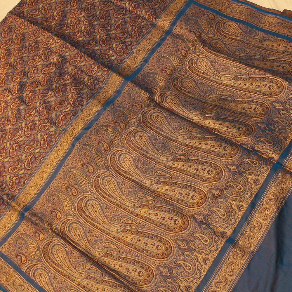 Blue Pure Soft Satin Silk Tanchoi Jamawar Banarasi Handloom Saree
