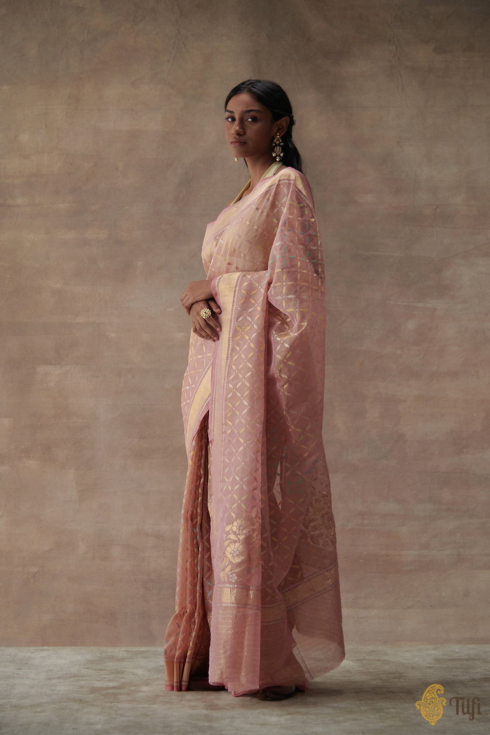 Rosy Pink Pure Cotton Tissue Banarasi Handloom Saree