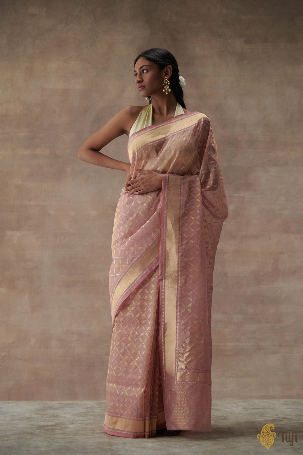 Rosy Pink Pure Cotton Tissue Banarasi Handloom Saree