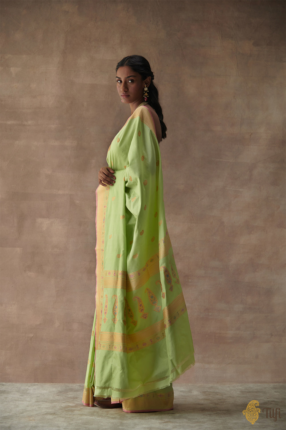 &#39;Rukmini&#39; Lime Green Pure Katan Silk Banarasi Handloom Saree