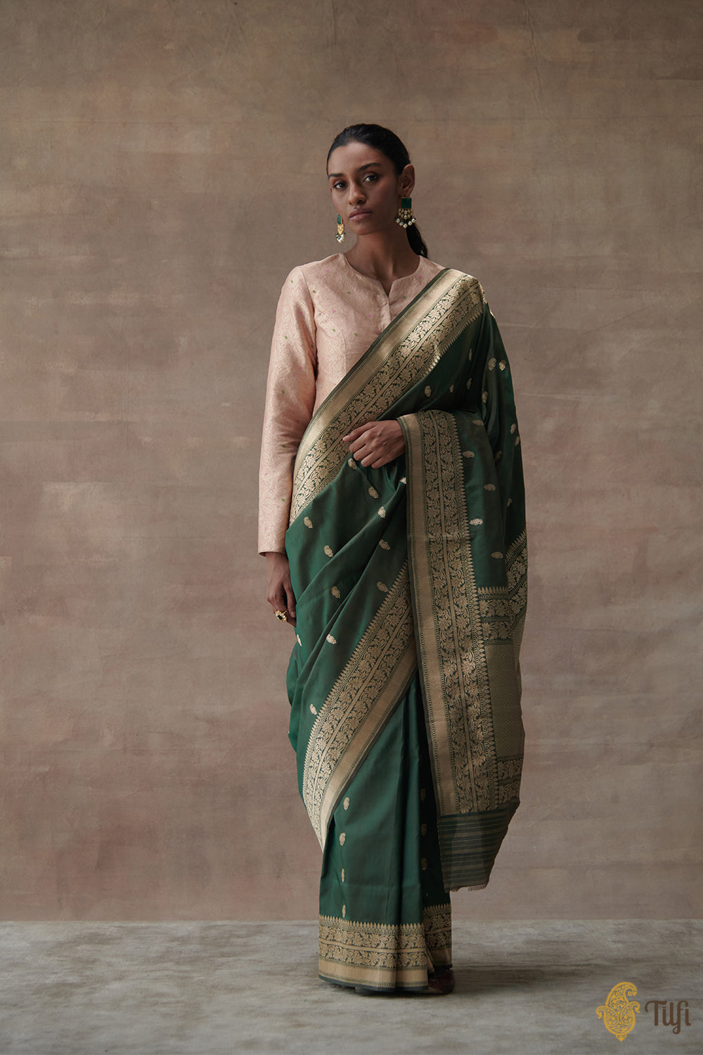 Brown-Green Pure Katan Silk Handloom Banarasi Saree
