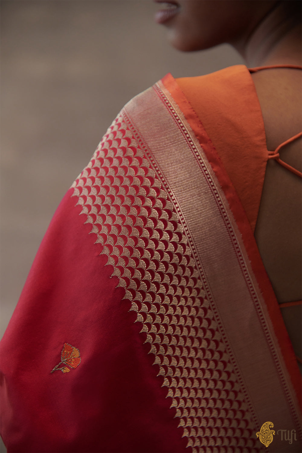 &#39;Madhavi&#39; Red-Rani Pink Pure Katan Silk Banarasi Handloom Saree