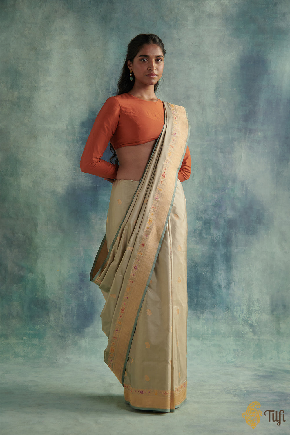 &#39;Rukmini&#39; Taupe Grey Pure Katan Silk Banarasi Handloom Saree