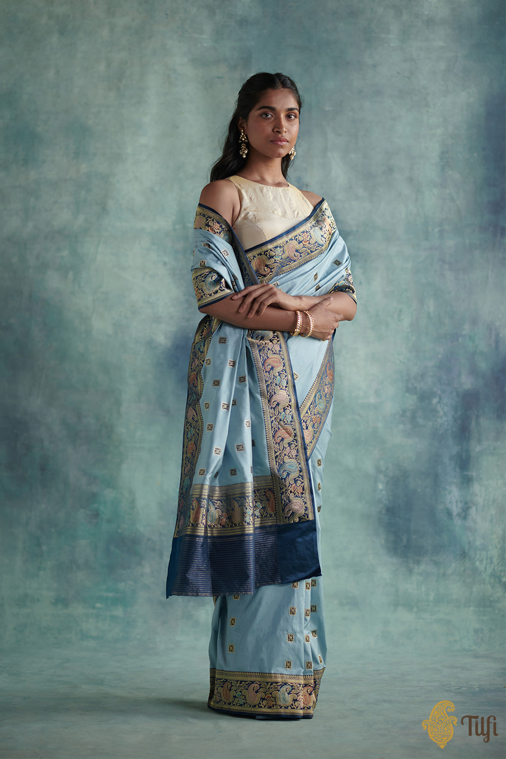 Pre-Order: &#39;Charulata&#39; Powder Blue Pure Katan Silk Banarasi Heritage Handloom Saree