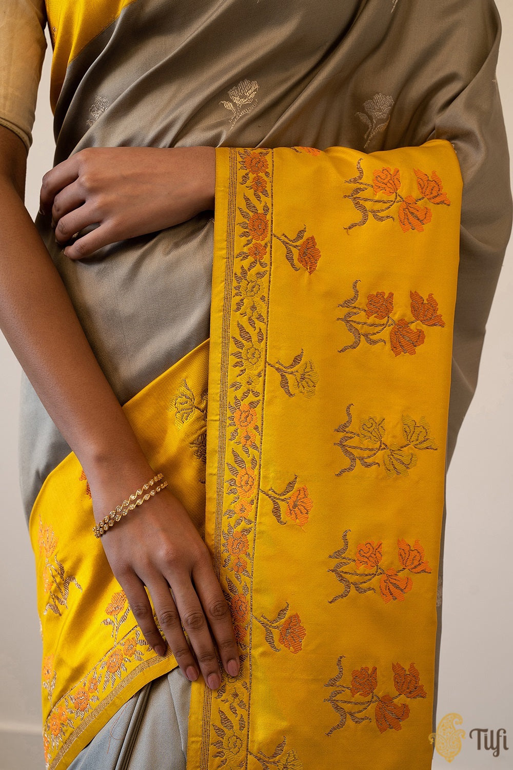 Grey-Yellow Pure Ektara Katan Silk Banarasi Handloom Saree