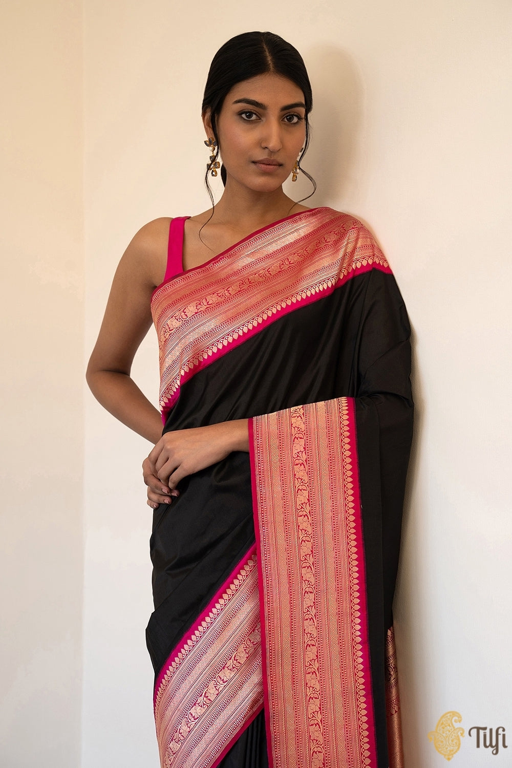 Black-Pink Pure Katan Silk Banarasi Kadiyal Handloom Saree