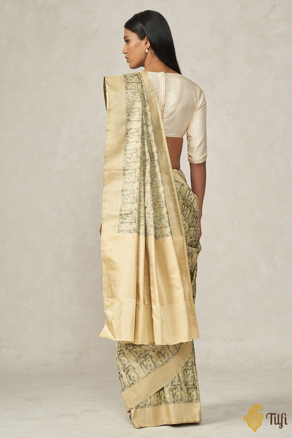 &#39;Prerana&#39; Beige Pure Soft Satin Silk Banarasi Handloom Saree