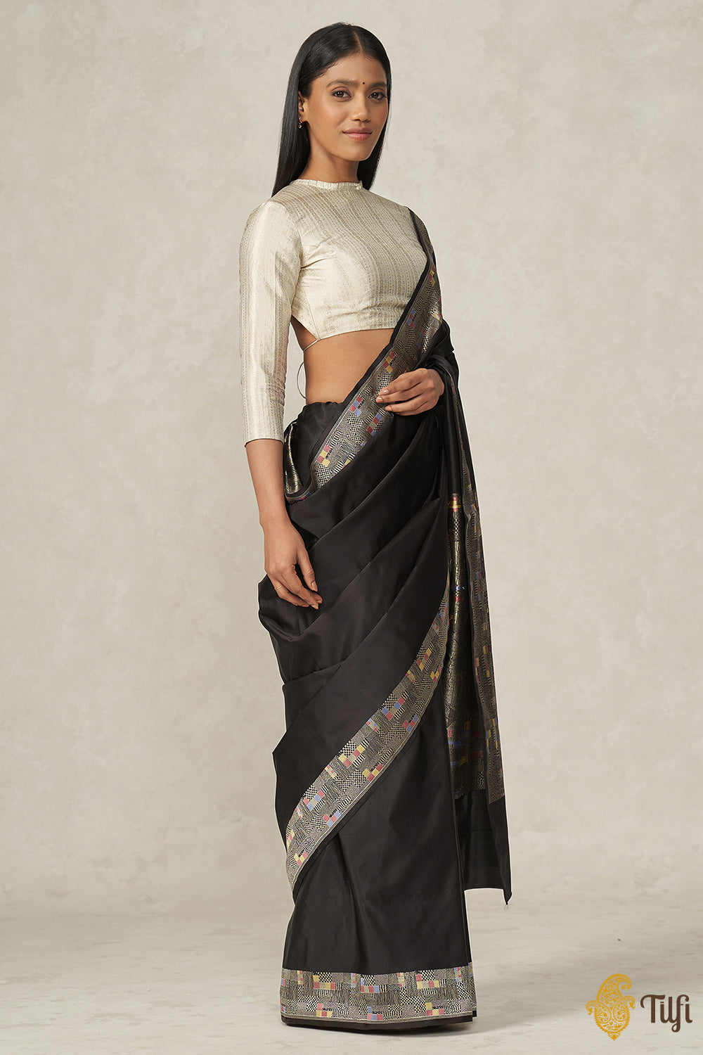 &#39;Sitara&#39; Black Pure Soft Satin Silk Banarasi Handloom Saree