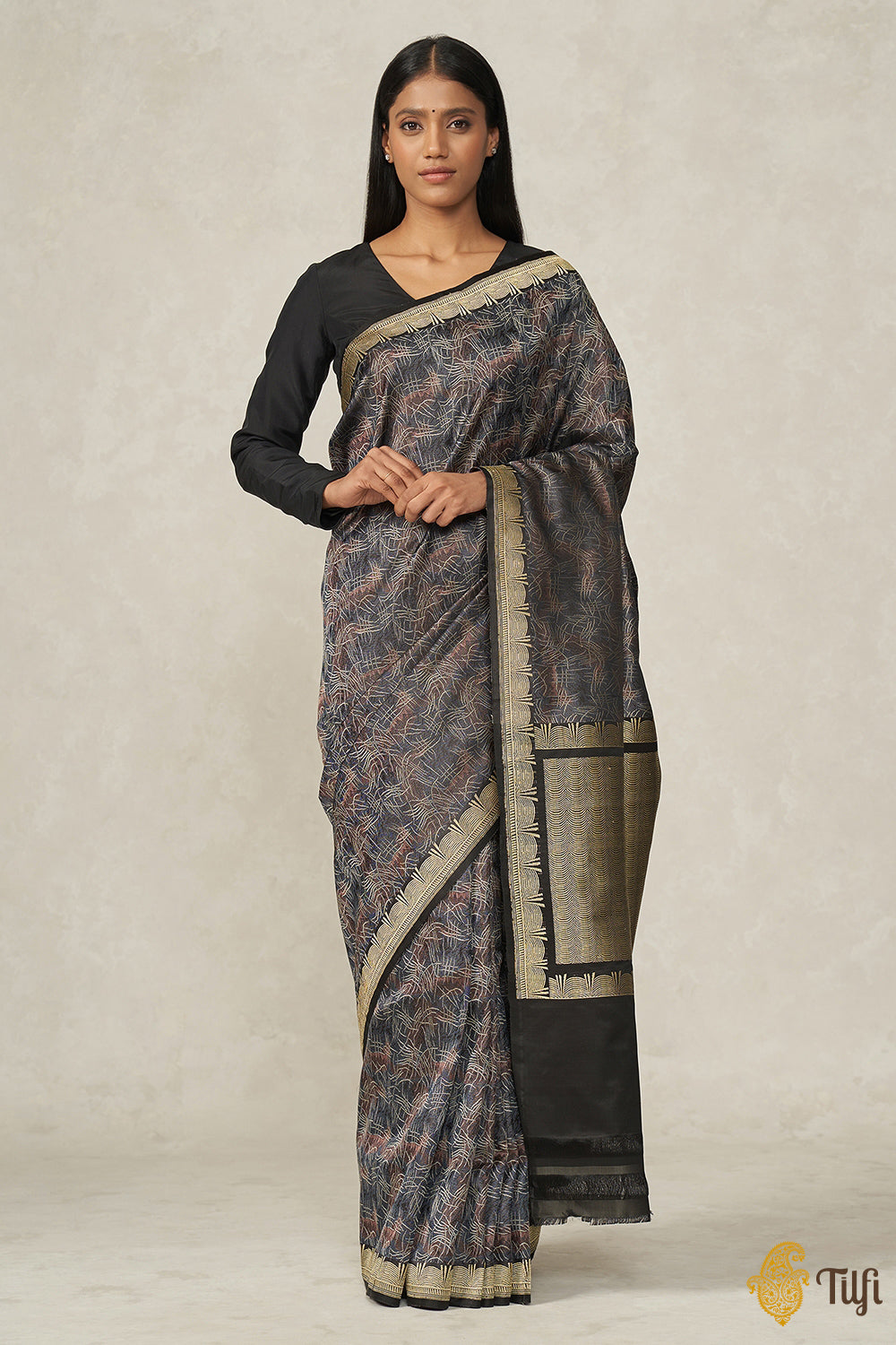 &#39;Sunayana&#39; Black Pure Soft Satin Silk Banarasi Handloom Saree