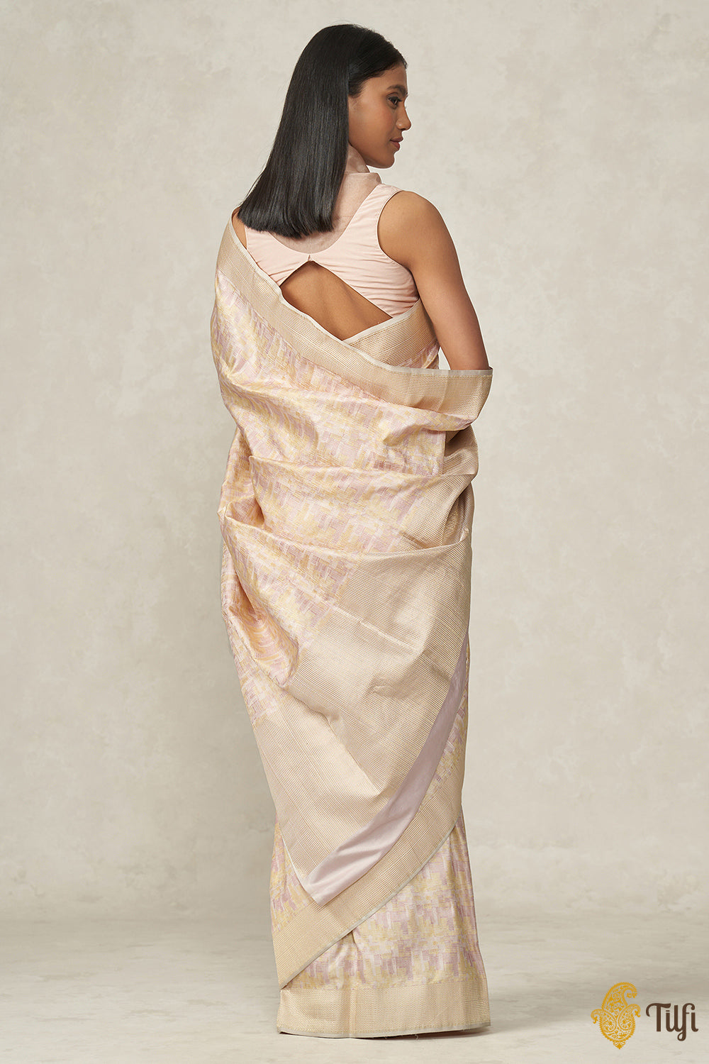 &#39;Prerana&#39; Pink-Yellow Pure Soft Satin Silk Banarasi Handloom Saree