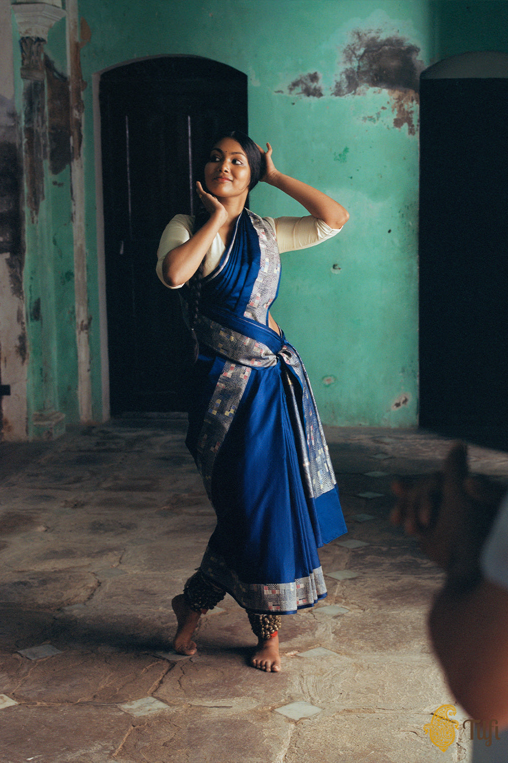 &#39;Sitara&#39; Blue Pure Soft Satin Silk Banarasi Handloom Saree