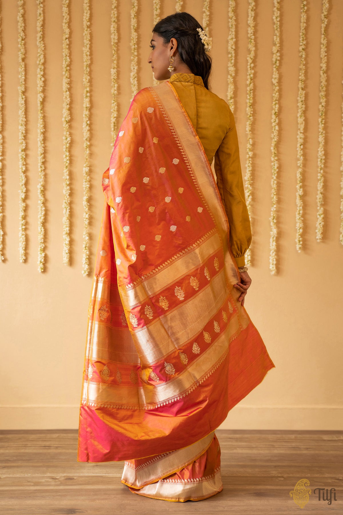 Yellow-Rani Pink Pure Katan Silk Banarasi Handloom Saree