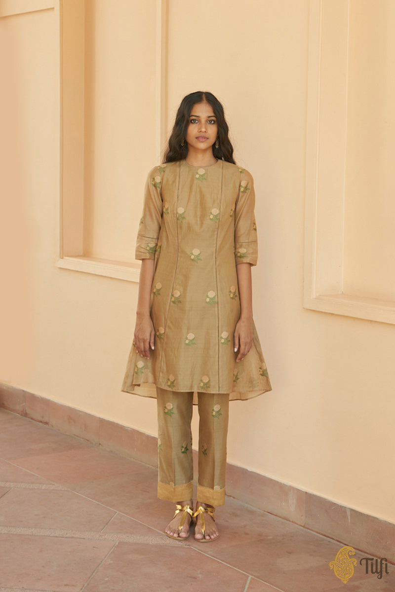 Green Pure Kora Silk by Cotton Handwoven Banarasi Co-Ord Set