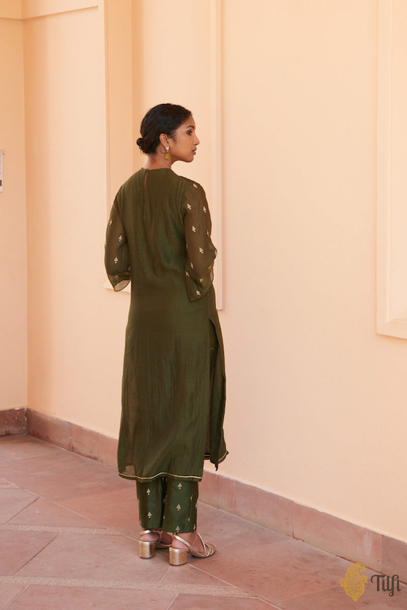 Deep Olive Green Pure Chanderi Suit &amp; Pure Kora Silk by Cotton Handwoven Banarasi Dupatta Set
