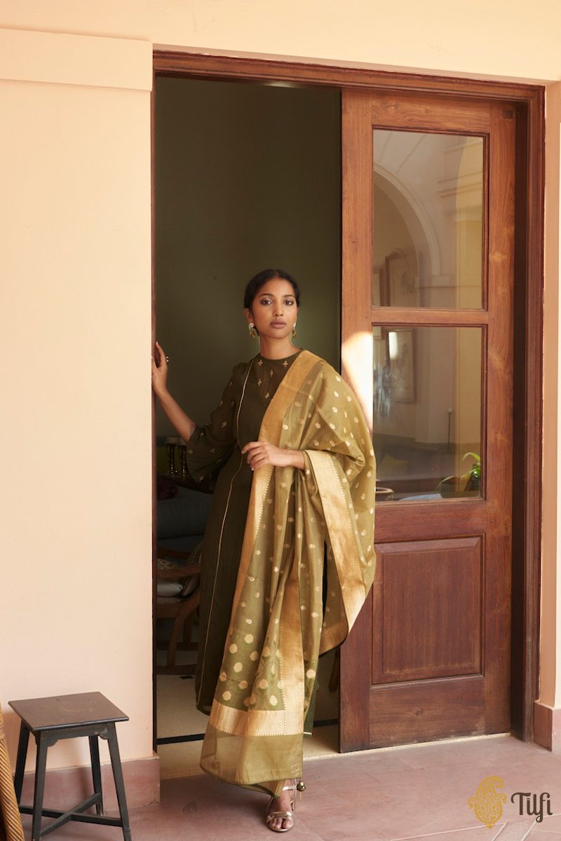Deep Olive Green Pure Chanderi Suit &amp; Pure Kora Silk by Cotton Handwoven Banarasi Dupatta Set