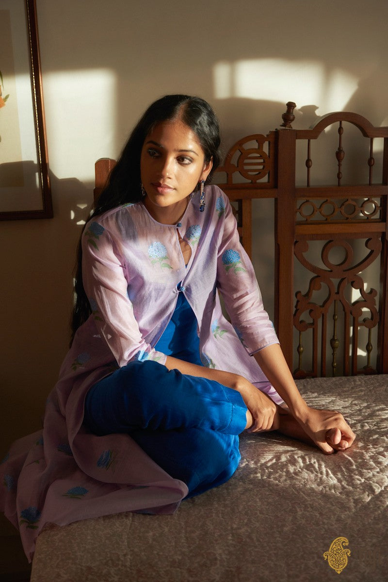 Lavender Pure Kora Silk by Cotton Handwoven Banarasi Overlay Set