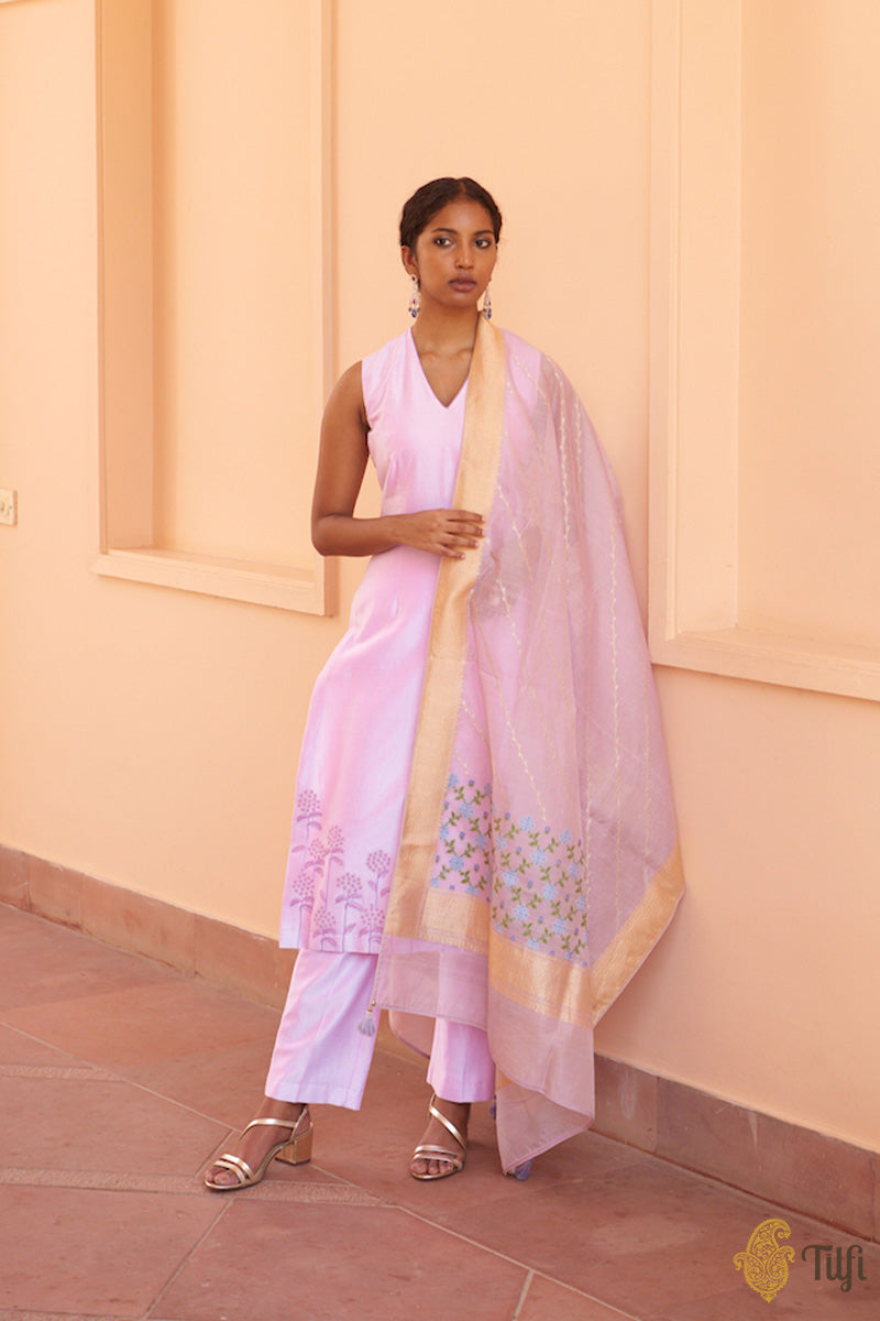 Lilac Pure Chanderi Suit &amp; Pure Kora Silk by Cotton Handwoven Banarasi Dupatta Set